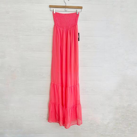 Guess Dresses & Skirts - NWT Guess - Neon pink-orange silk smocked tiered strapless dress, S